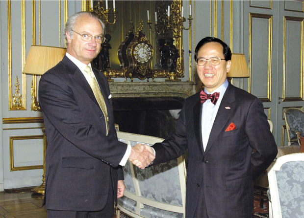 The Chief Secretary for Administration, Mr Donald Tsang, meets King Carl XVI Gustaf of Sweden during a tour of the country in May.