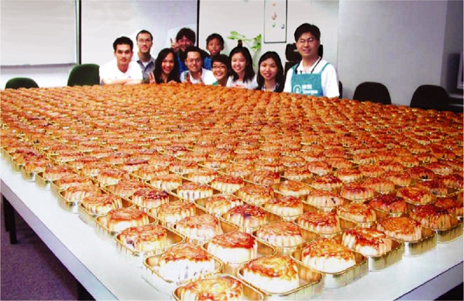 There is more than a mouthful in this tableau of 'moon cakes' prepared by volunteers for distribution to the elderly in remote areas.